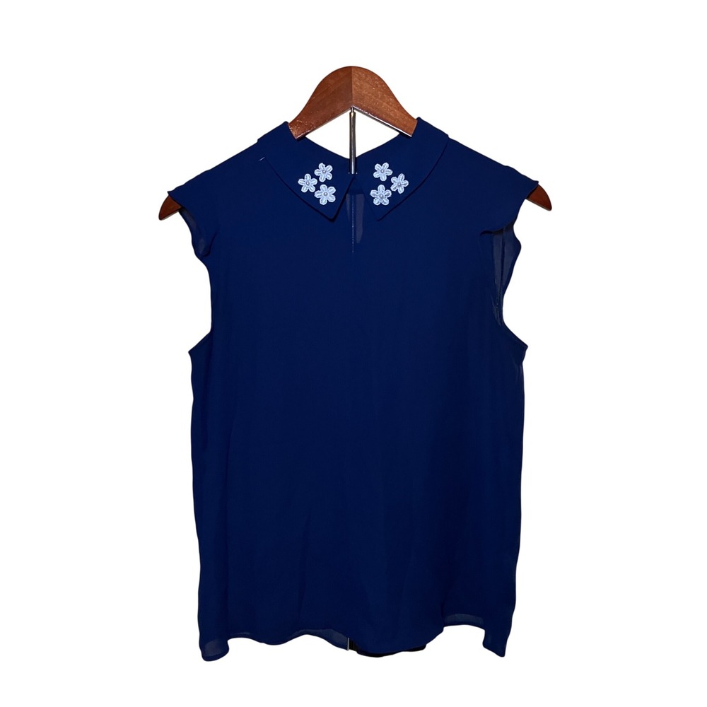 ELLE Peter Pan Collar Blouse Women's XS Navy Blue Floral Pearl Flowers Chiffon